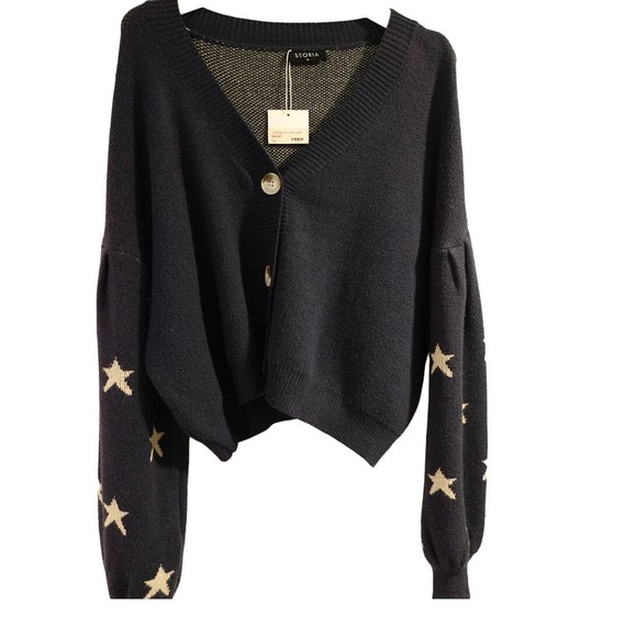 STORIA Navy Crop Carigan Sweaster with Ecru  STARS on sleeve  womans M - Picture 7 of 8